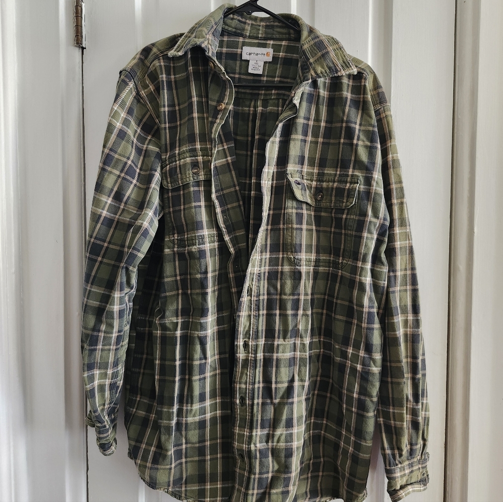 Carhartt Men's Green Cotton Flannel Button- Down Shirt Size Large Tall